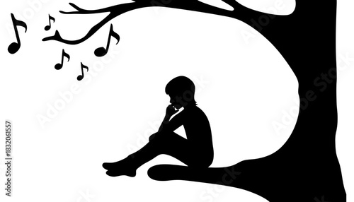 Silhouette of boy listening to music under a tree illustration