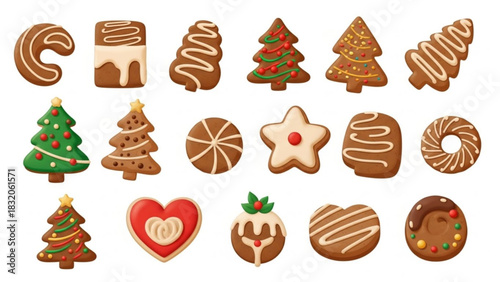 Collection of assorted gingerbread cookies in various festive shapes like christmas tree, heart, circle, and letter c