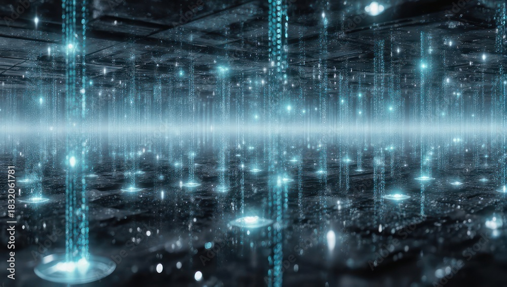 Fototapeta premium Futuristic Digital Data Center with Blue Glowing Servers and Abstract Network Connections.