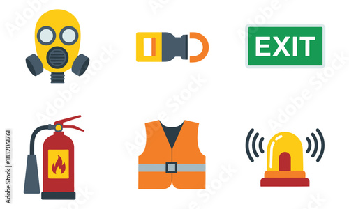 Essential flight safety icons for emergency preparedness and safety awareness design, including seatbelt, life vest, oxygen mask, evacuation route, and emergency exit symbols
