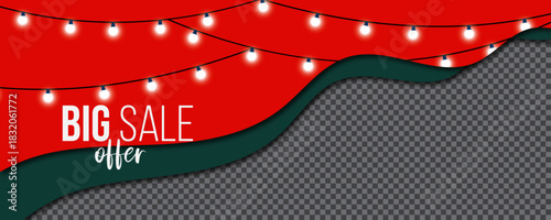 Big Sale Offer Banner with Festive Lights and Curved Red Background for holiday promotions, festive sales, Christmas offers, New Year discounts, and social media marketing ads.