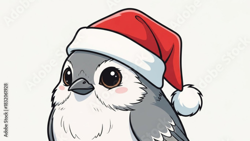 Cute cartoon bird wearing a red and white santa hat, perfect for holiday and christmas themes