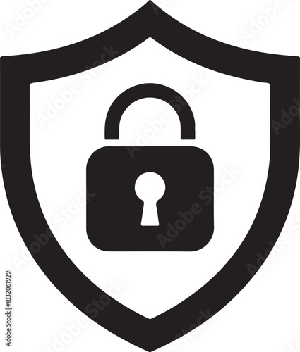 Black and white shield with padlock icon for security and protection