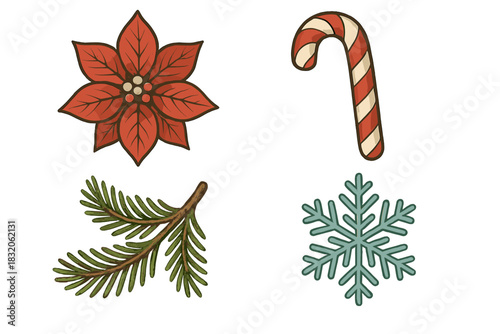 Christmas icon set vector: festive holiday symbols including poinsettia, candy cane, snowflake