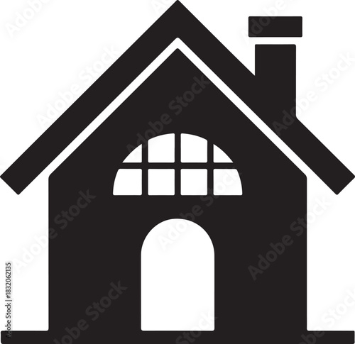 Simple black and white house icon with arched window and door