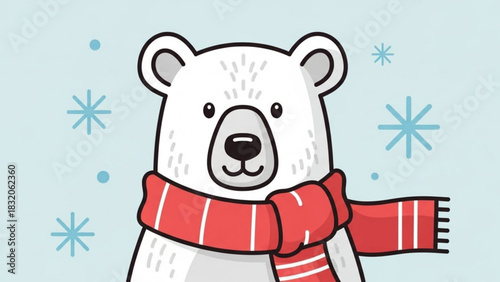 Cute cartoon polar bear wearing a red and white striped winter scarf against a light blue background with falling snowflakes, perfect for holiday or arctic themes