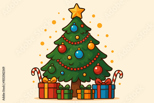 Festive christmas tree vector art – cheerful holiday design with gifts and candy canes