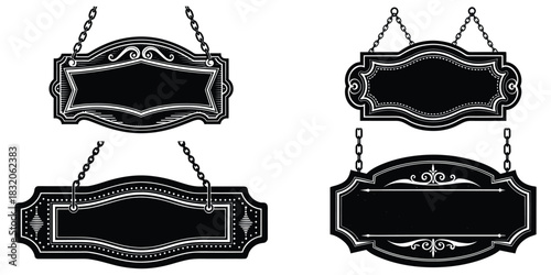 Vintage blank café sign, retro typography, black and white, hanging with chains