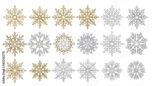 Collection of assorted decorative snowflake shapes in gold and silver tones, isolated on