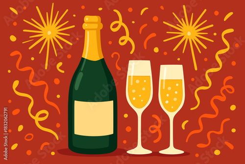 Festive holiday celebration vector: champagne, fireworks, and confetti