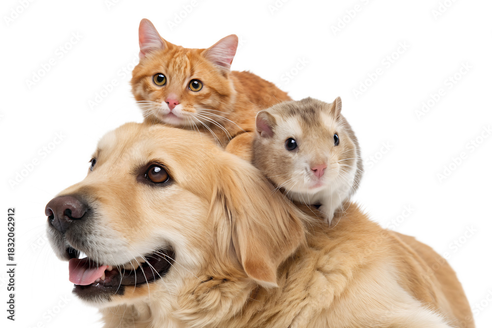 Obraz premium A cute and funny portrait of a golden retriever, an orange tabby cat, and a tiny hamster stacked adorably on top of each other, all looking directly at the camera. This charming trio creates a playful