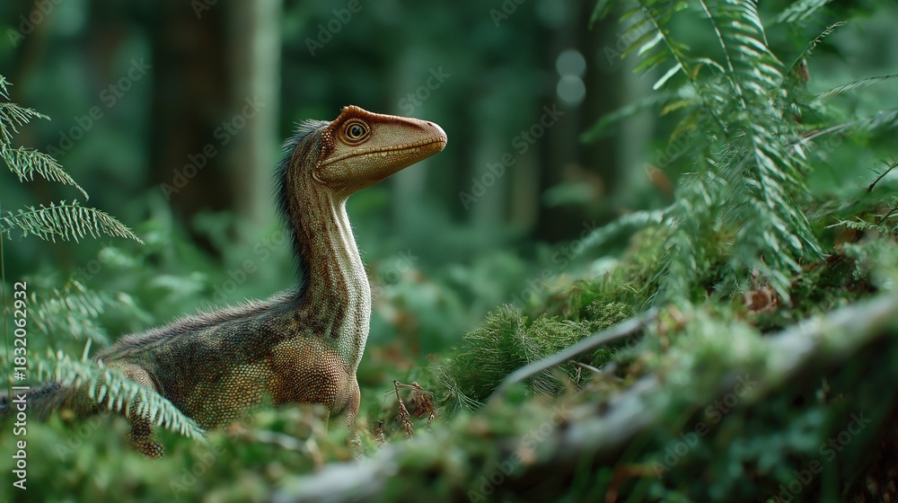 Naklejka premium Compsognathus longipes juvenile in lush forest