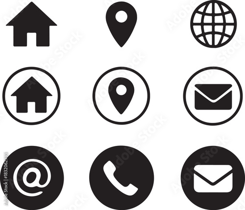 Contact Icons Set Minimalist Black and White Communication Symbols in Three Styles