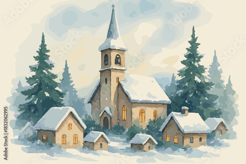 Charming snowy church scene for christmas holiday - idyllic winter landscape art vector