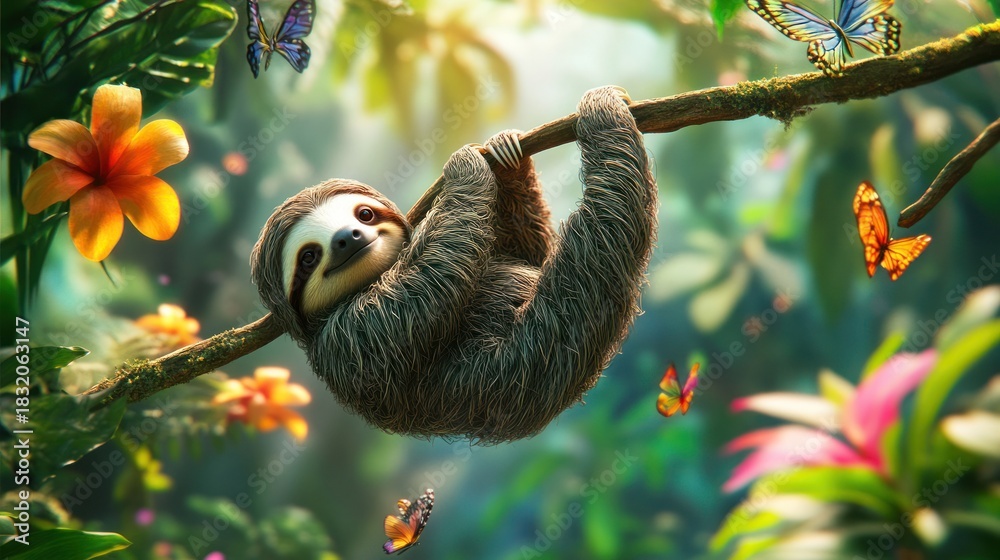 Naklejka premium Sloth hanging on branch with butterflies