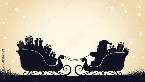 Silhouette of santa claus riding a sleigh full of christmas presents against a soft, glowing background with falling snow, perfect for holiday design