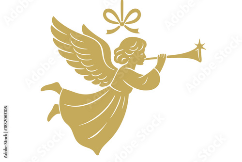 Angelic christmas serenade vector: golden cherub with trumpet for festive holiday designs