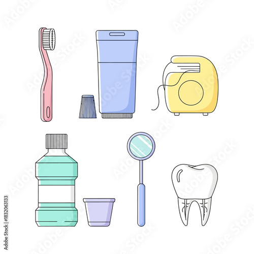 Dental hygiene essentials arrayed for optimal oral health maintenance showcase routine care
