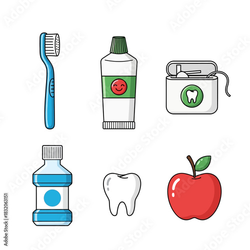 Dental hygiene essentials arranged for health and wellness promotion illustration set