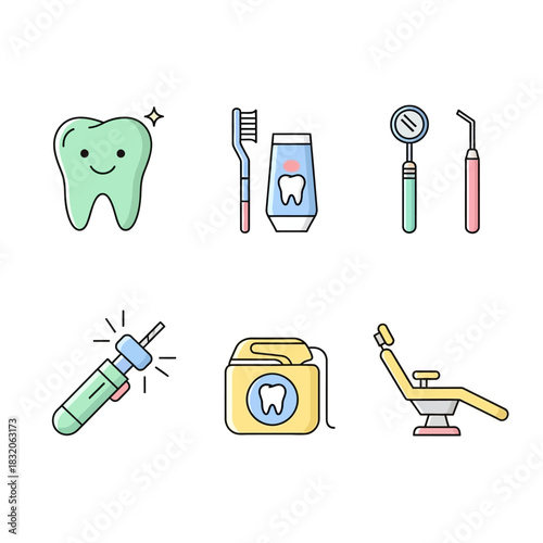 Whimsical dental care illustrations collection showcasing hygiene and equipment icons