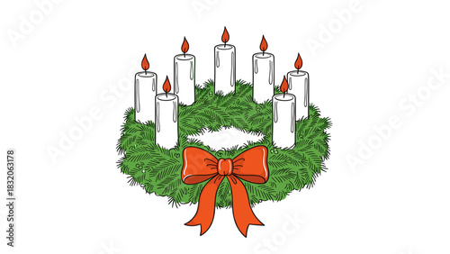 Illustration of a festive green advent wreath decorated with seven lit white candles and a large orange ribbon bow, isolated on