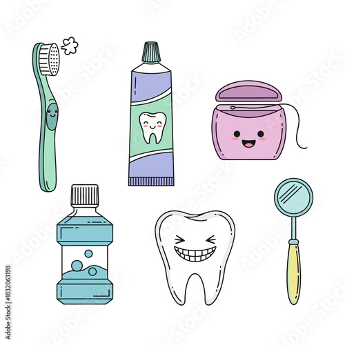 Smiling dental hygiene products vector illustration for oral care and kids healthcare concepts