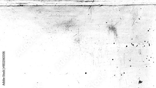 Monochrome grunge texture with scratches, paint splashes, and halftones showcasing elements of wear and age in a horizontal format.