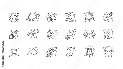 Set of twenty line art icons representing space, astronomy, and science fiction elements like planets, stars, rockets, and ufos, isolated on