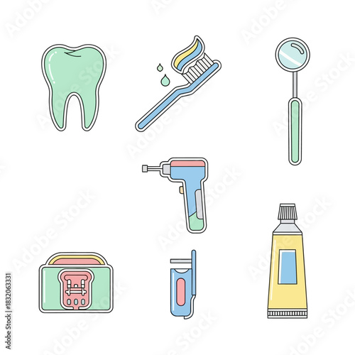 Pastel dental care icons illustrating oral hygiene equipment and practices importance in a modern