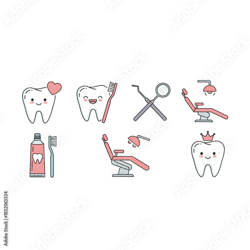 Charming dental care elements representing oral hygiene and professional treatment tools with cute