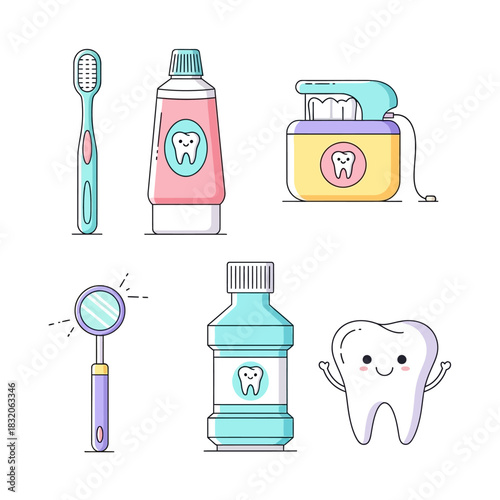 Pastel colored dental hygiene essentials promoting oral care routine for healthy teeth