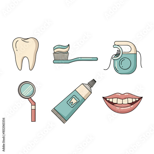 Dental hygiene essentials: A clean and minimalist illustrative showcase of oral care tools