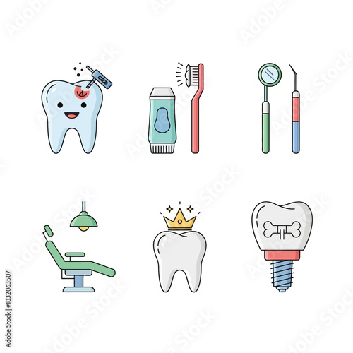 Animated dental care icons for oral hygiene and treatment presentation featuring cheerful tooth