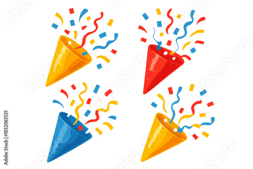 Festive confetti celebration vector for holidays: colorful party popper and streamers design