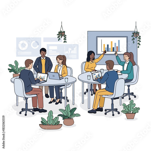 Collaborative business team engaging in strategic discussion and data analysis for enhanced