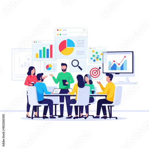 Collaborative business meeting analyzing statistical data and market trends to drive growth and