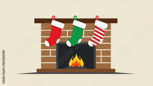 Three colorful christmas stockings, red, green, and striped, hanging above a lit fireplace with a warm fire burning inside, holiday decoration illustration