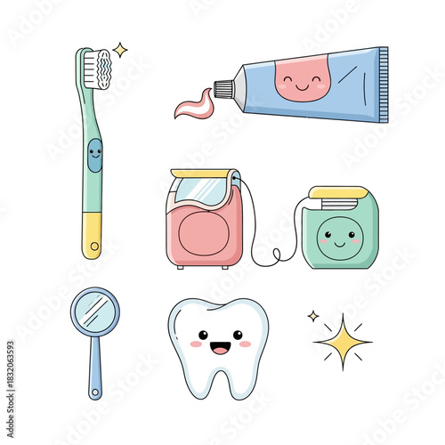 Charming dental care set: vector illustration of oral hygiene essentials with happy faces