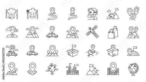 Collection of hand drawn location pin and map marker icons representing travel, navigation, destination, and point of interest concept isolated on