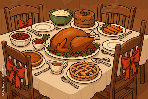 Festive christmas feast scene - holiday dining table with traditional holiday foods