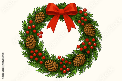 Christmas holiday evergreen wreath with pine cones and red bow