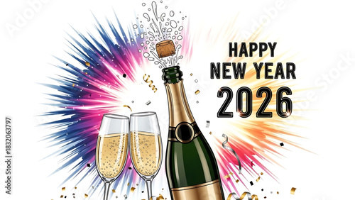 Festive 2026 New Year's Celebration with Champagne and Colorful Fireworks