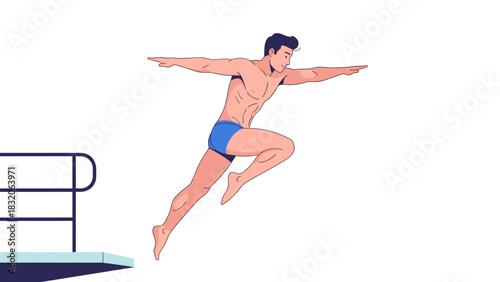 Male athlete diving off platform into water in dynamic pose  