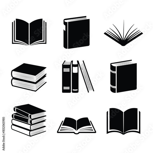 Collection of nine black and white open and closed book illustrations