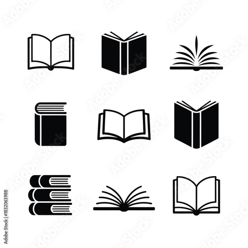 Collection of nine open and closed book icons in black and white