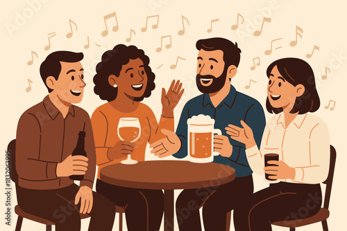 Celebration vector: colleagues' lively gathering at party holiday event with drinks and laughter