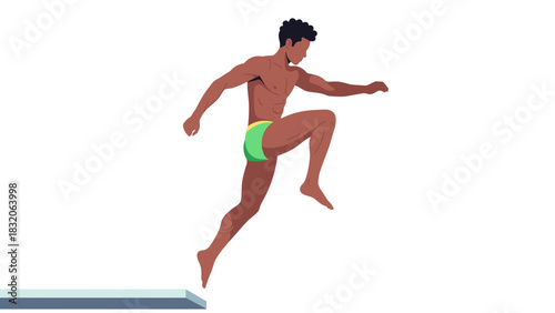 Athletic man jumping into the air from diving board with determination  