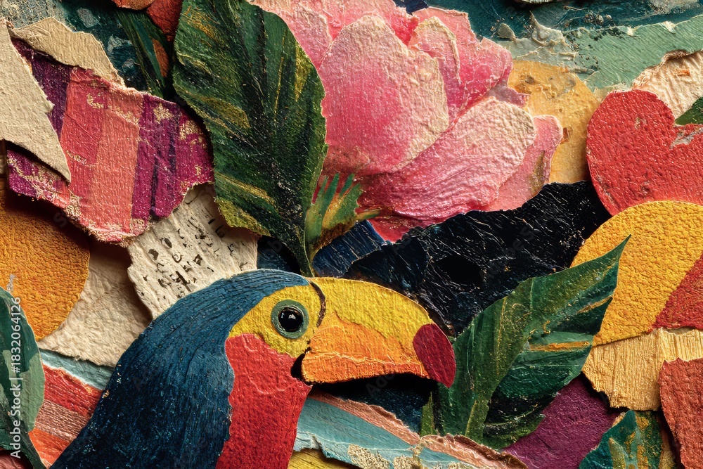 Obraz premium toucan and its beak on a background of leaves, tropics, and collage leaves glued from paper. Generative AI