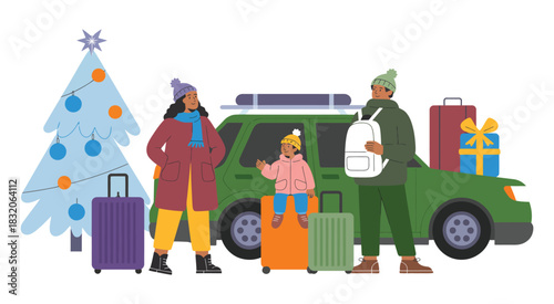 Family Christmas road trip - holiday travel with tree and gifts, showing festive car journey, winter landscapes, cheerful holiday mood