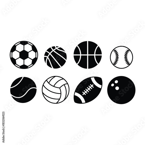 Collection of black and white sports balls on white background